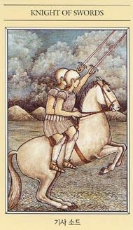 Knight of Swords in the deck The Mythic Tarot