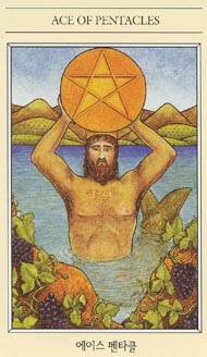 Ace of Pentacles in the deck The Mythic Tarot