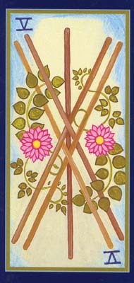 Five of Wands in the deck Tarot du Roy Nissanka