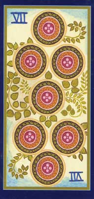 Seven of Pentacles in the deck Tarot du Roy Nissanka