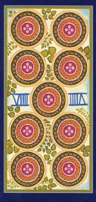 Nine of Pentacles in the deck Tarot du Roy Nissanka