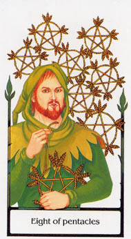 Eight of Pentacles in the deck Tarot of the Old Path