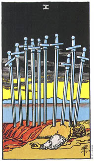 Ten of Swords in the deck Rider-Waite Tarot