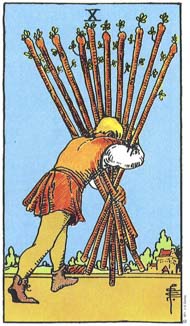 Ten of Wands in the deck Rider-Waite Tarot