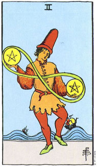 Two of Pentacles in the deck Rider-Waite Tarot