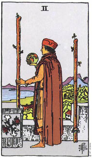 Two of Wands in the deck Rider-Waite Tarot