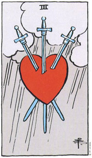 Three of Swords in the deck Rider-Waite Tarot