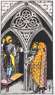 Three of Pentacles in the deck Rider-Waite Tarot