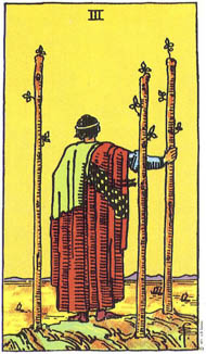 Three of Wands in the deck Rider-Waite Tarot