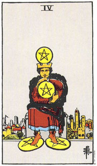 Four of Pentacles in the deck Rider-Waite Tarot