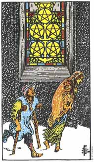 Five of Pentacles in the deck Rider-Waite Tarot