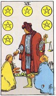 Six of Pentacles in the deck Rider-Waite Tarot