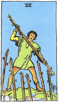 Seven of Wands in the deck Rider-Waite Tarot