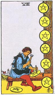 Eight of Pentacles in the deck Rider-Waite Tarot