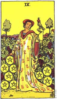 Nine of Pentacles in the deck Rider-Waite Tarot