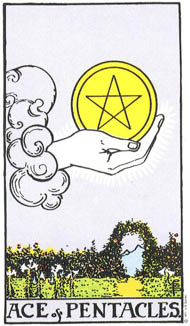 Ace of Pentacles in the deck Rider-Waite Tarot