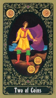 Two of Pentacles in the deck Russian Tarot of St. Petersburg