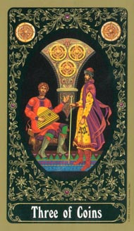 Three of Pentacles in the deck Russian Tarot of St. Petersburg