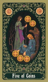 Five of Pentacles in the deck Russian Tarot of St. Petersburg