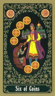 Six of Pentacles in the deck Russian Tarot of St. Petersburg