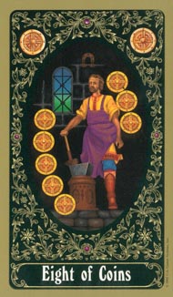 Eight of Pentacles in the deck Russian Tarot of St. Petersburg