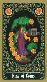 Nine of Pentacles in the deck Russian Tarot of St. Petersburg