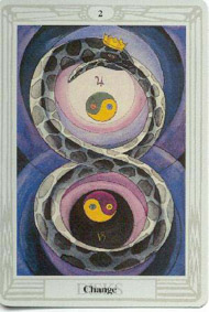 Two of Pentacles in the deck Thoth Tarot