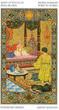 Queen of Pentacles in the deck Tarot of the Thousand and One Nights