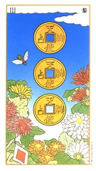 Three of Pentacles in the deck Ukiyoe Tarot