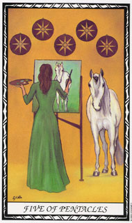 Five of Pentacles in the deck Unicorn Tarot