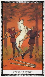 Five of Wands in the deck Unicorn Tarot