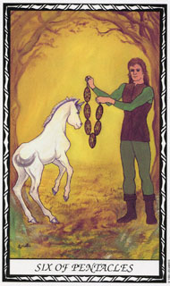 Six of Pentacles in the deck Unicorn Tarot