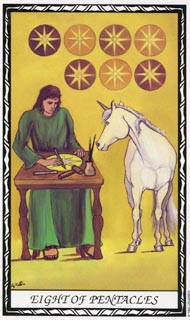 Eight of Pentacles in the deck Unicorn Tarot