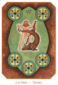 Five of Pentacles in the deck Babylonian Tarot