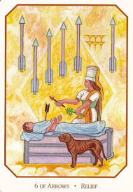 Six of Swords in the deck Babylonian Tarot