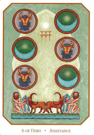 Six of Pentacles in the deck Babylonian Tarot