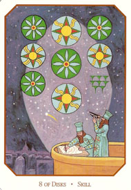 Eight of Pentacles in the deck Babylonian Tarot