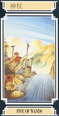 Five of Wands in the deck Golden Dragon Tarot