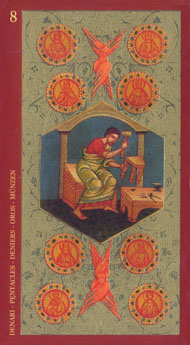 Eight of Pentacles in the deck Golden Tarot of the Tsar