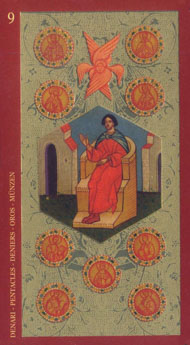 Nine of Pentacles in the deck Golden Tarot of the Tsar