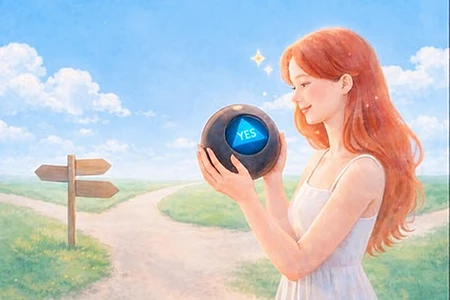A woman holding a Magic 8 Ball at a crossroads